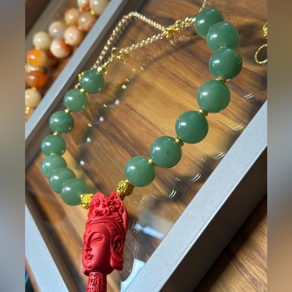 JADE AVENTURINE + CINNABAR BUDDAS HEAD NATURAL STONES CHOKER NECKLACE - Picture 6 of 9